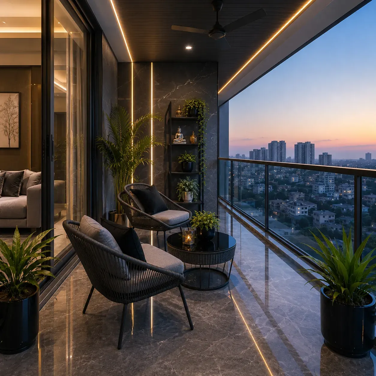 Small balcony design with plants and seating