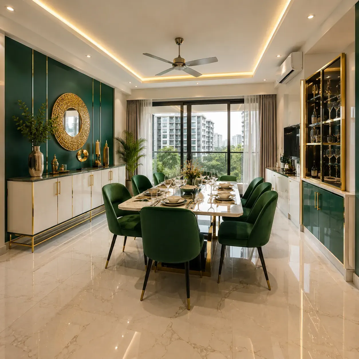 Dining room with wood table and pendant lights