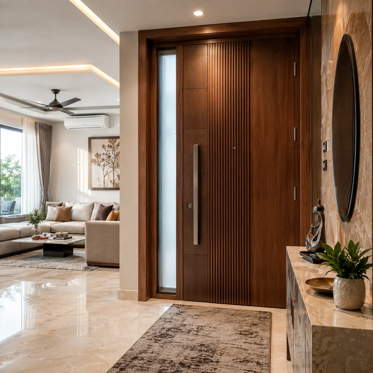 Wooden main door with glass panels