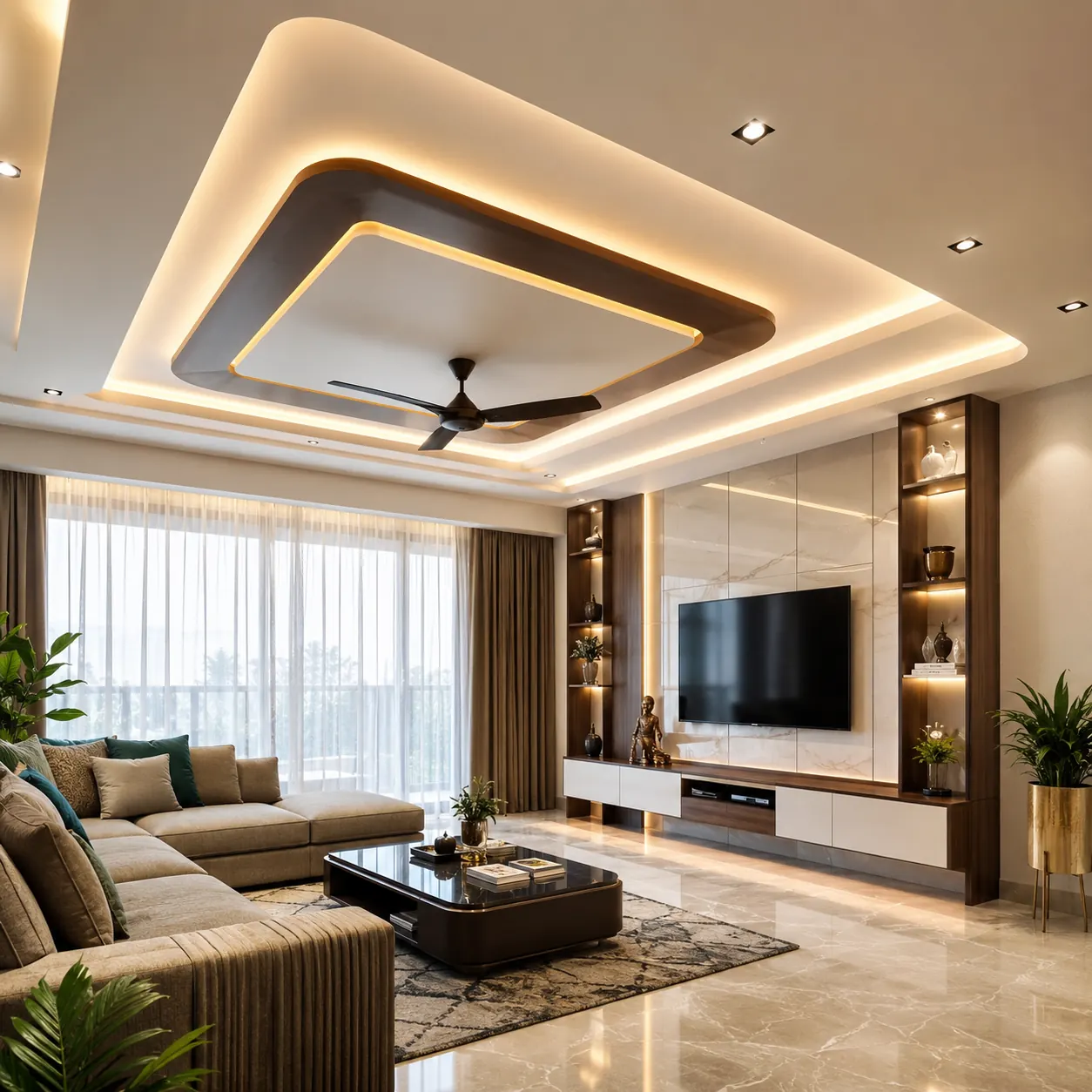 Modern false ceiling design with warm lighting