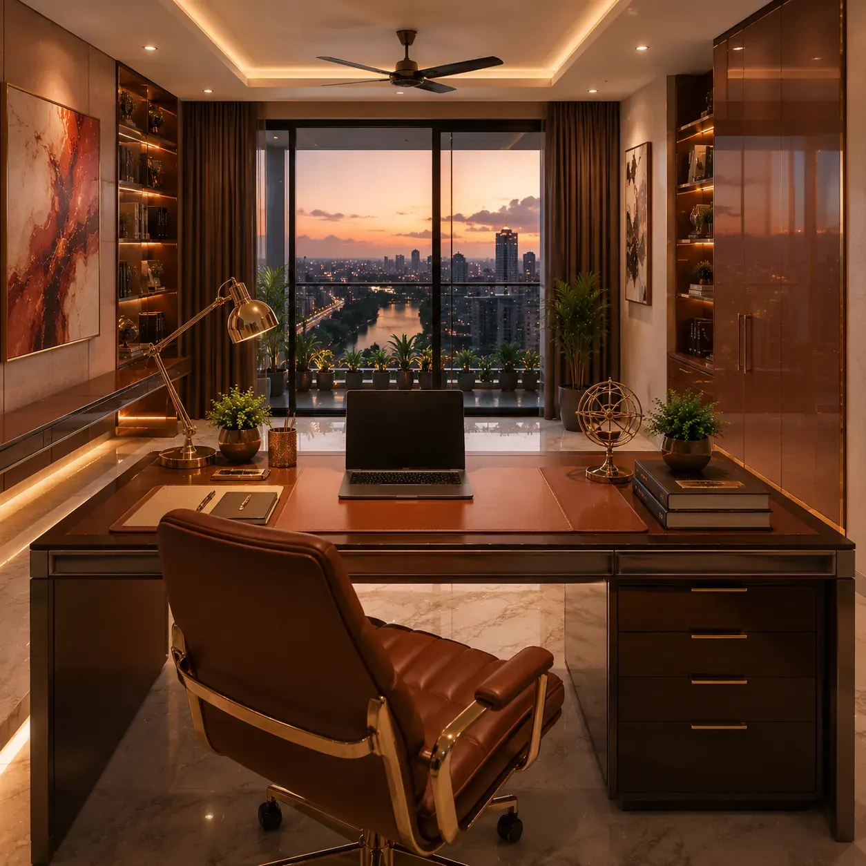 Modern home office design with desk and shelves