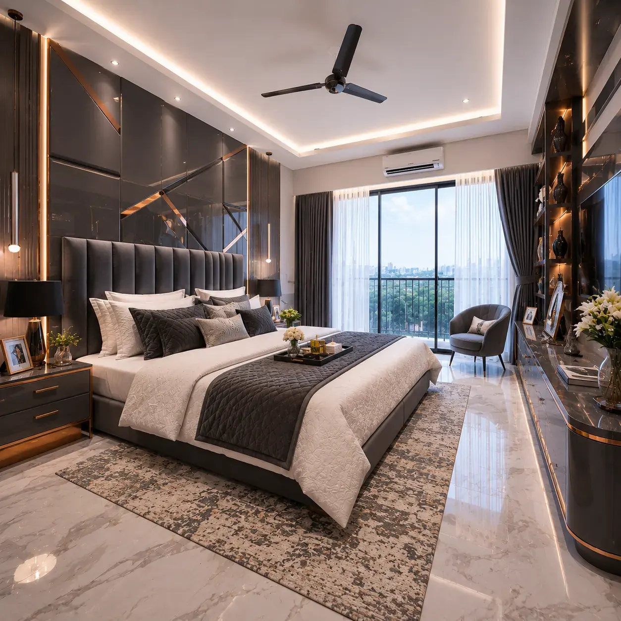 Bedroom design with bed and wardrobe