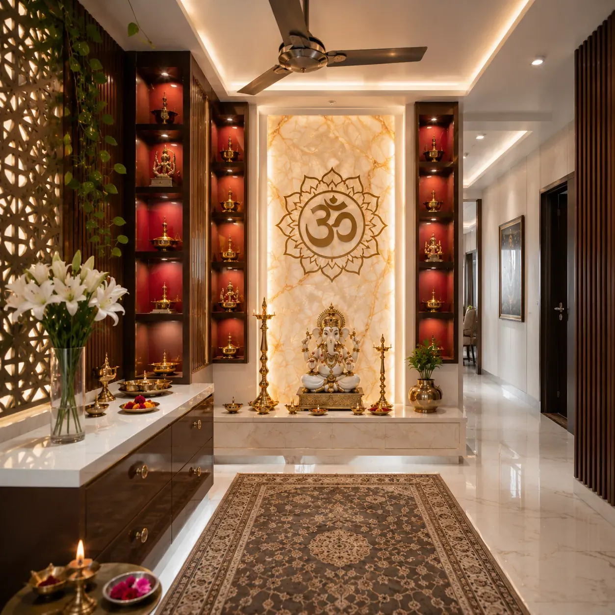 Wooden pooja room with carved shelving
