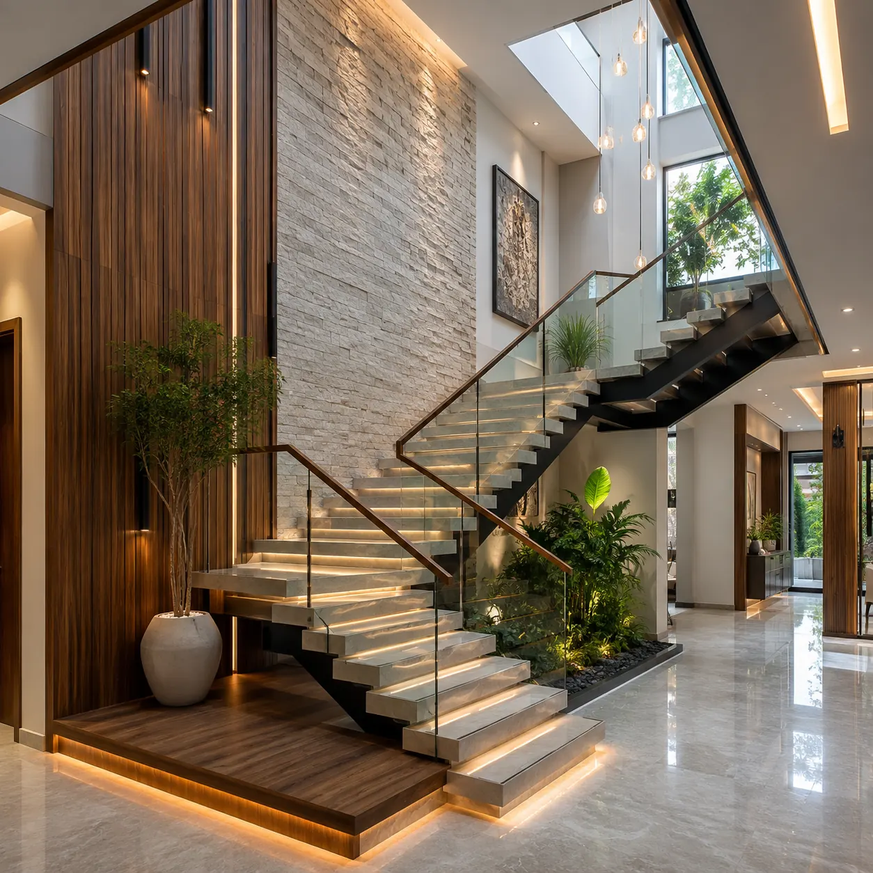 Modern staircase design with glass railing