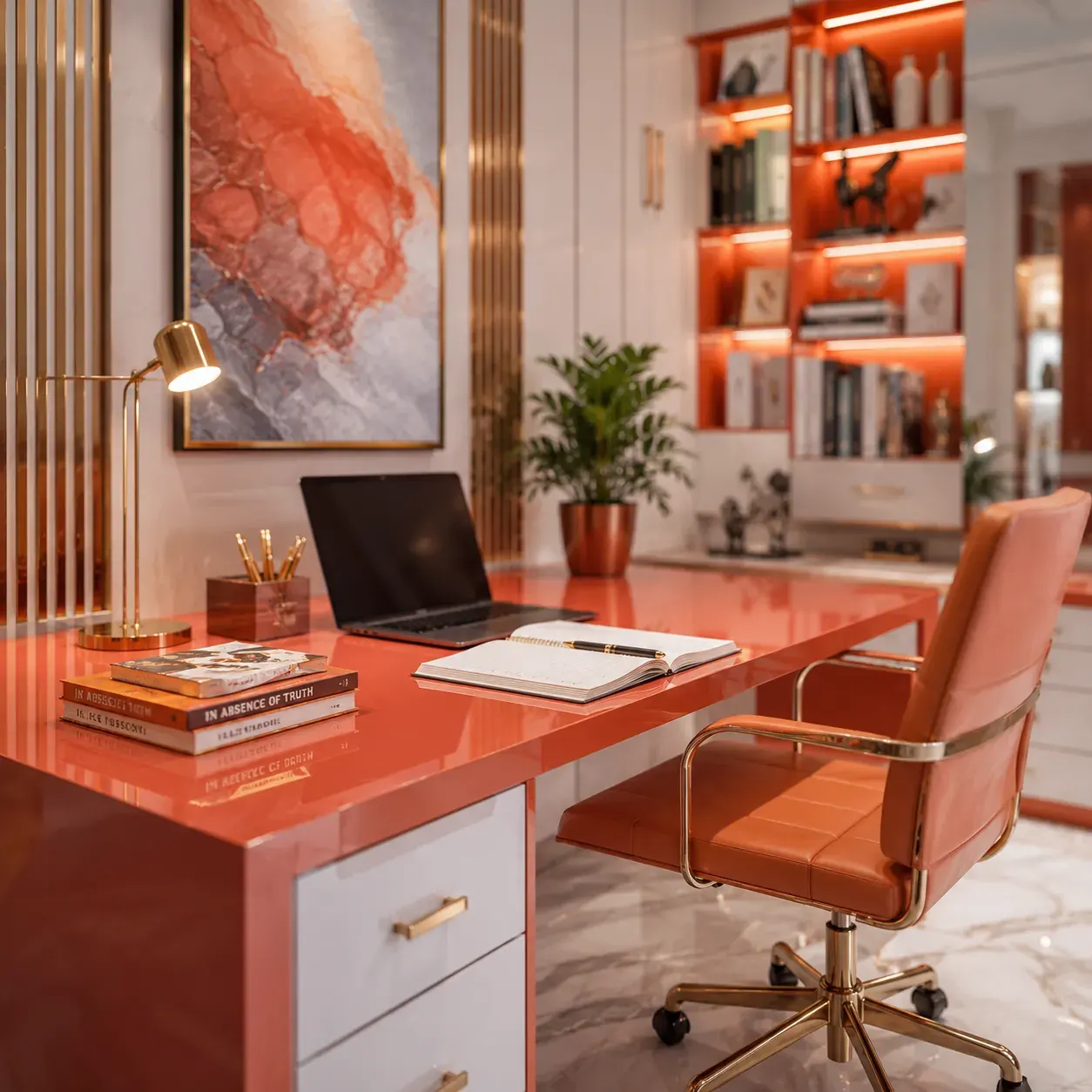 Study room design with bookshelf and desk